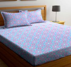 Blue Abstract 144 TC Cotton Double Queen Bedsheet With 2 Pillow Covers