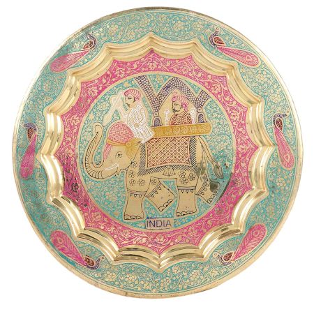 Brass Meenakari Elephant Rider Wall Hanging Gold Tone Plate