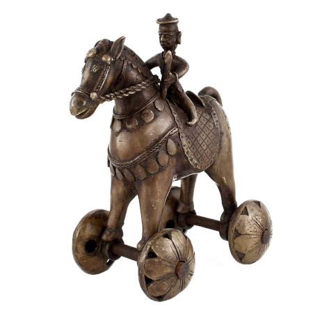 Indian Brass Horse On Wheels Temple Toy With Rider