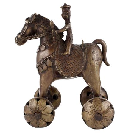 Indian Brass Horse On Wheels Temple Toy With Rider