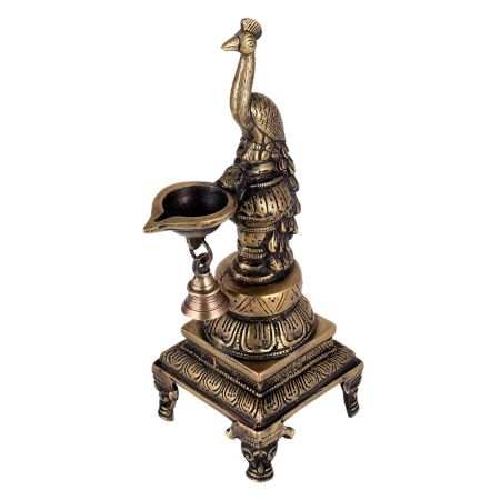 Brass Peacock Diya with Bell and Stand