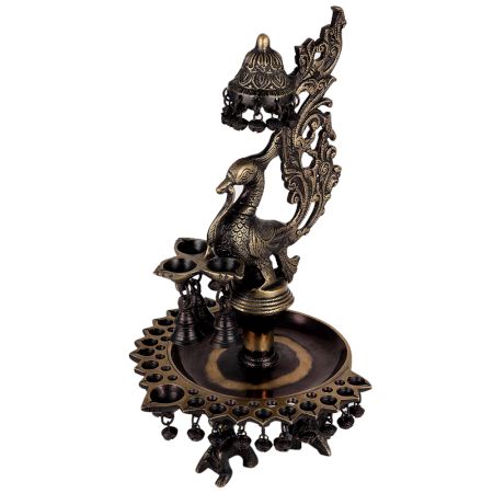 Peacock Design Oil Lamp Brass Diya With Many Bells