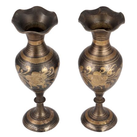 Black Etched Brass Etched Flower Design Vase In Pair
