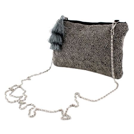 Grey Beaded Bag With Chain And Tassel For Women