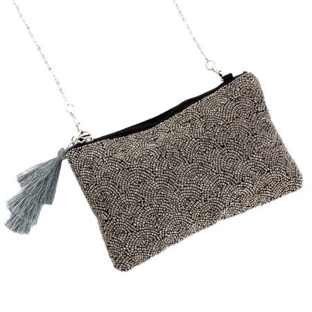 Grey Beaded Bag With Chain And Tassel For Women