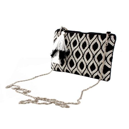 Black And White Beaded Bag With Chain And Tassel