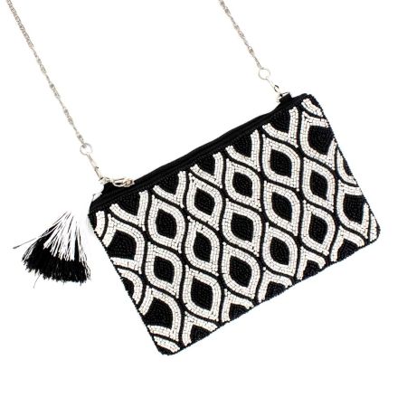 Black And White Beaded Bag With Chain And Tassel