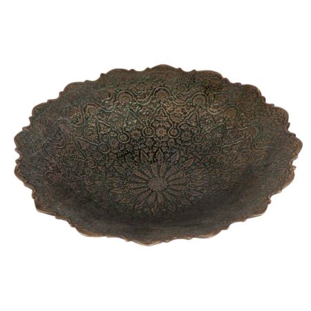 Used Brass Floral Bowl With Dark Patina Finish