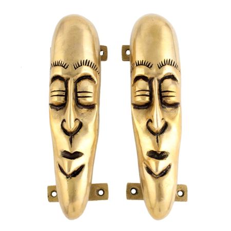 Golden Tribal Man Face Brass Door Handles In Pair