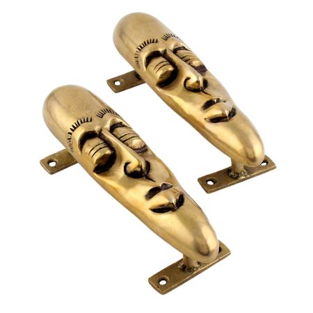 Golden Tribal Man Face Brass Door Handles In Pair