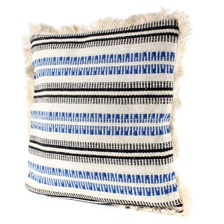 White Striped Woven Fringe Pillow Cover