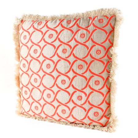 Ivory And Orange Decorative Cushion Cover With Fringe