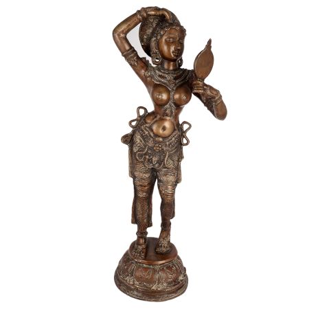 South Indian Brass Lady Looking Into Mirror Statue