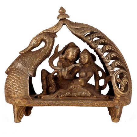 Brass Peacock Boat Radha Krishna Statue