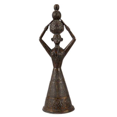 Brass Tribal Lady With Pots Statue In Black Finish
