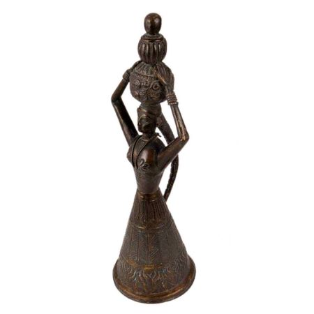 Brass Tribal Lady With Pots Statue In Black Finish
