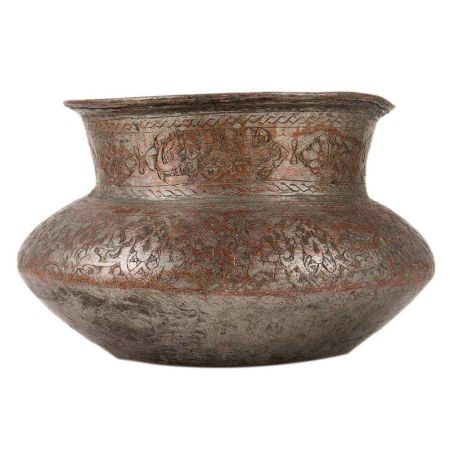 Old Copper Pot With Carved Floral Design And Dark Patina Finish