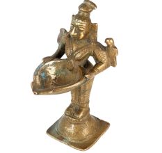 Brass Goddess Meenakshi Holding  Diya With Parrot