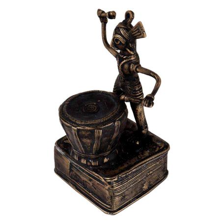 Brass Tribal Drummer Musician Statue
