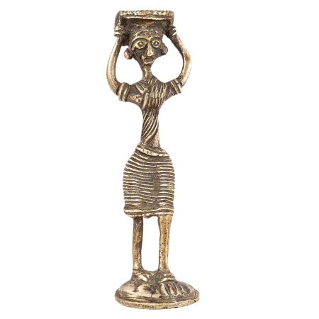 Brass Tribal Lady Statue With Basket On Head