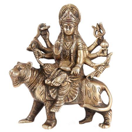 Brass Devi Durga Or Amba Statue Sitting On Lion