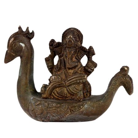 Brass Ganesha Statue On Peacock Boat Writing A book