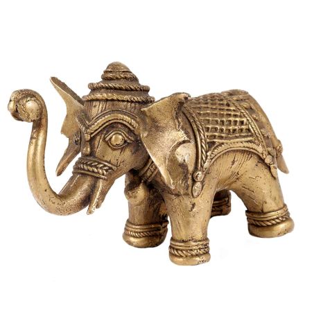 Brass Elephant Statue With intricate Carving Trunk Up