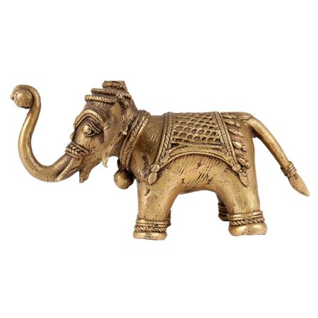 Brass Elephant Statue With intricate Carving Trunk Up