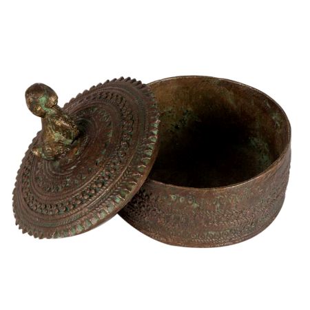 Brass Round Carved Tikka Box With Dog Figurine