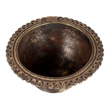 Brass Bowl On Pedestal And Carved Design On Rim