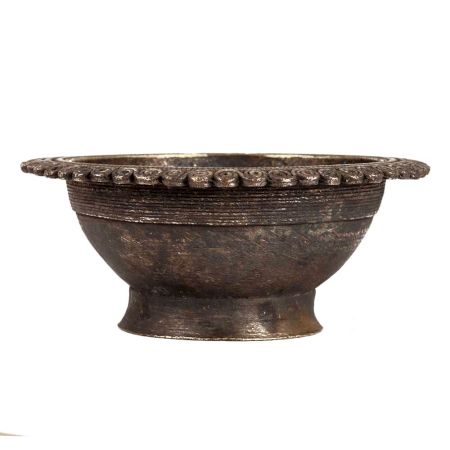 Brass Bowl On Pedestal And Carved Design On Rim