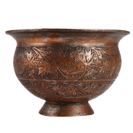 Ornately Carved Leafy Pattern Copper Pot