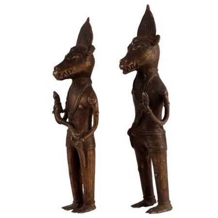 Brass Animal Warrior Statues Holding Snakes