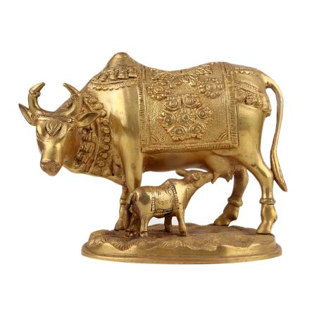 Handmade Golden Brass Kamdhenu Cow with Calf Idol