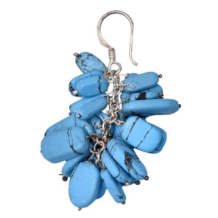 92.5 Sterling Silver Blue Turquoise Stone Cluster Drop Dangle Earrings