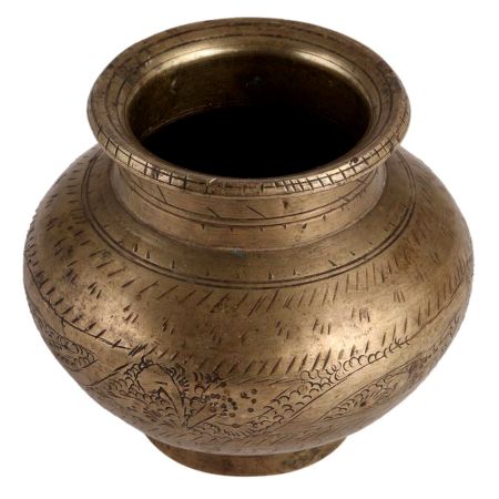 Old Brass Holy Water Pot With Carved Pattern