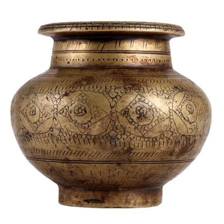 Old Hand Carved Brass Water Pot With Dark Finish