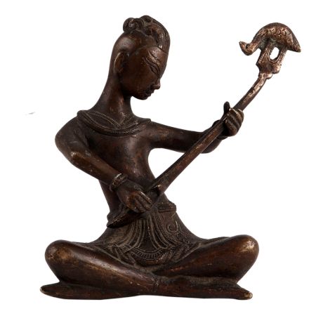 Brass Sitting Musician Statue With Veena Musical Instrument