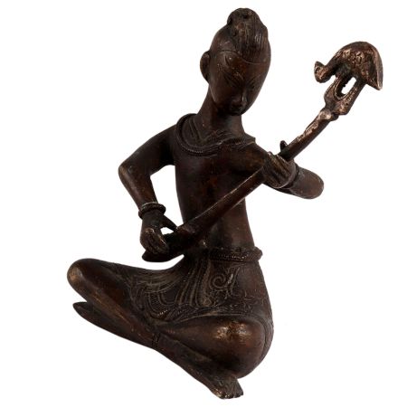 Brass Sitting Musician Statue With Veena Musical Instrument