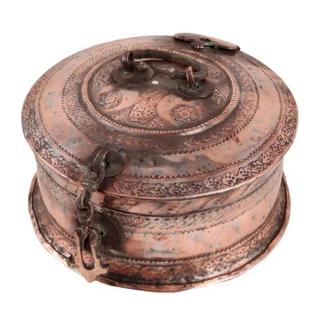 Large Decorative Mughal Round Copper Box with Lid
