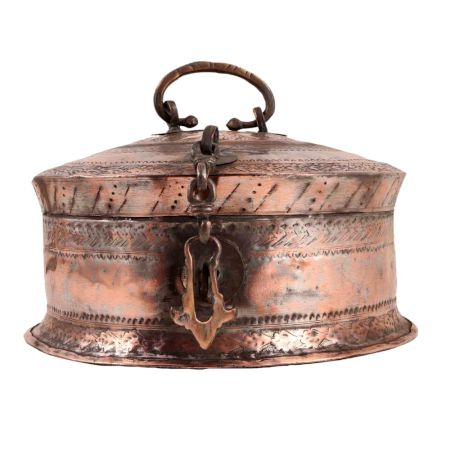 Large Decorative Mughal Round Copper Box with Lid