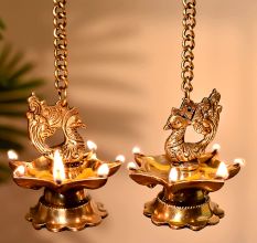 Brass Peacock 7 Wick Hanging Chain Diya