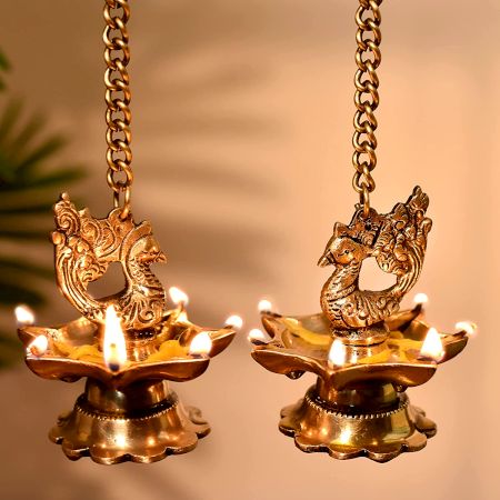 2 Pieces Brass Peacock 7 Wick Hanging Chain Diya