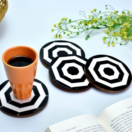 Wood And Resin Black and White Geometrical DesignÂ In Set Of 4