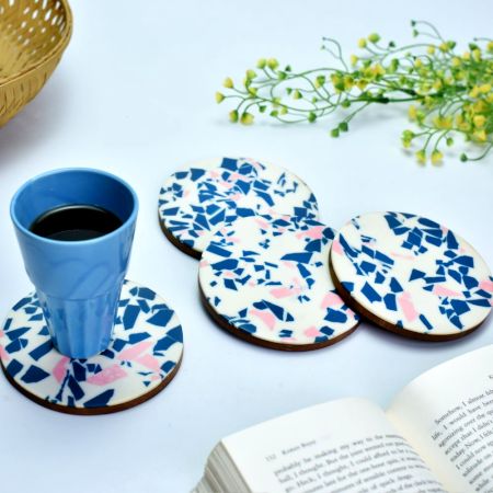 Terrazzo Blue Pattern Wood And Resin Coasters In Set Of 4