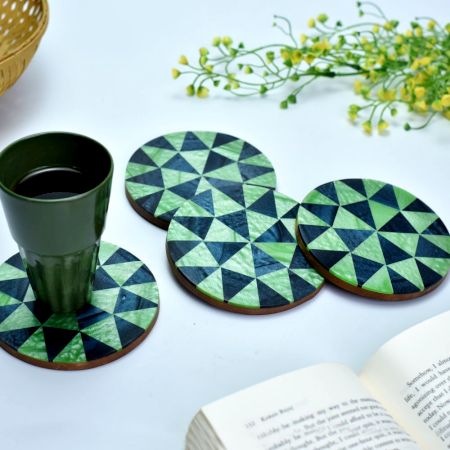 Navy Blue Diamond Round Wooden And Resin Coasters Set of 4