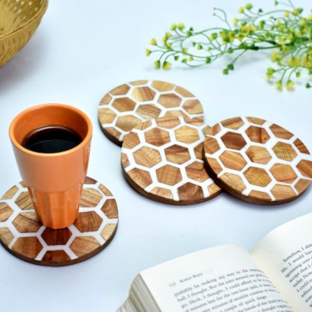 Set of 4 Honeycomb Resin and Wood Coasters