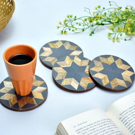 Wood and Resin Flower Coasters In Set Of 4