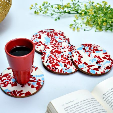 Red Round Wood and Resin Terrazzo Style Coasters In Set of 4