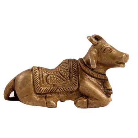 Brass Nandi Sitting Puja Statue In Antique Golden Finish